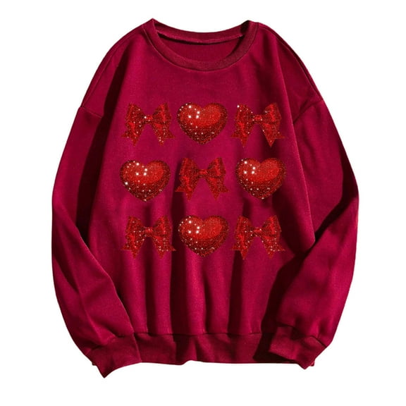 Goodeals 2025 Valentine's Day Sweatshirt Womens Bow Shirt Cute Lover Heart Graphic Long Sleeve Crewneck Pullover Trendy Spring Clothes Tops(Wine,XL)Reduced