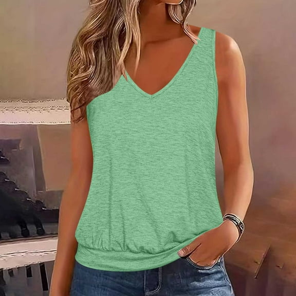2025 Womens Fashion Tank Tops Summer Loose Sleeveless Shirts with Banded Bottom Casual V Neck Sleeveless Solid Color Shirt Going Out Outfit Basic Cami Shirts(Green,S)