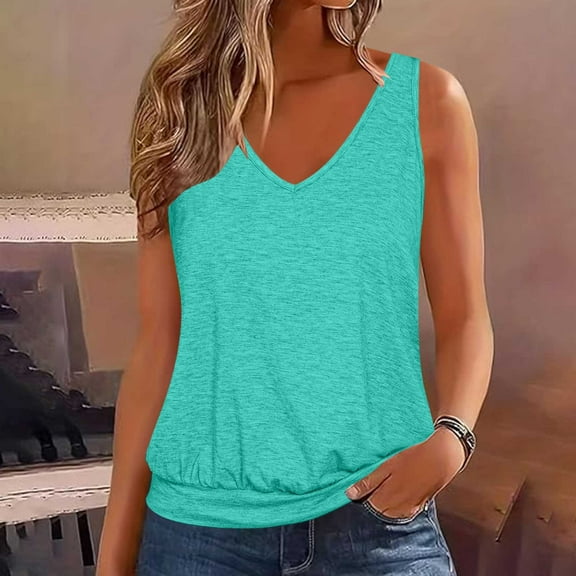 2025 Womens Fashion Tank Tops Summer Loose Sleeveless Shirts with Banded Bottom Casual V Neck Sleeveless Solid Color Shirt Going Out Outfit Basic Cami Shirts(Blue,XXL)