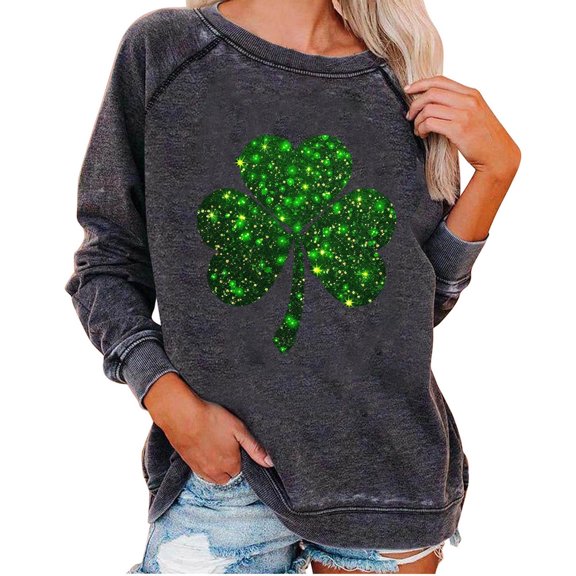 Goodeals Casual Women St. Patrick's Day Crewneck Sweatshirt Fashion Loose Pullover Tunic Shamrock Lucky Graphic Shirt Irish Long Sleeve Outfits(Dark Gray,XXL)