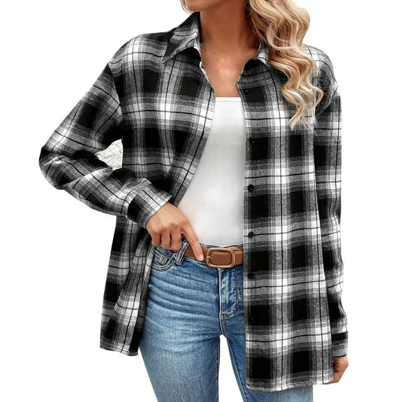 Goodeals Clearance,Casual Plaid Shirts Shacket Jacket Button Down Long Sleeve Shirts(Black,L)