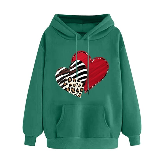 Goodeals Clearance Deals,Funny Leopard Heart Love Graphic Hooded for Women Cute Valentine's Day Fleece Sweatshirt Long Sleeve Drawstring Pullover Hoodie Oversized Sweatshirt Tops(Army Green,M)