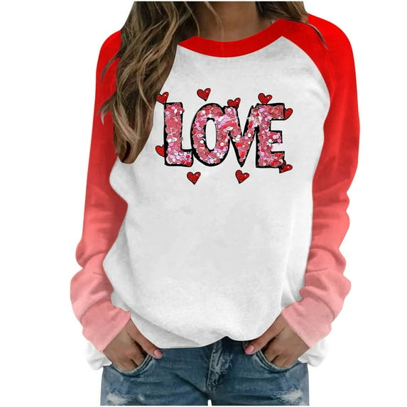 Happy Valentine's Day Sweatshirt for Women Casual Drop Shoulder Drop Shoulder Long Sleeve Pullover Tops Cute Heart Graphic Crewneck Shirts(Red,L)