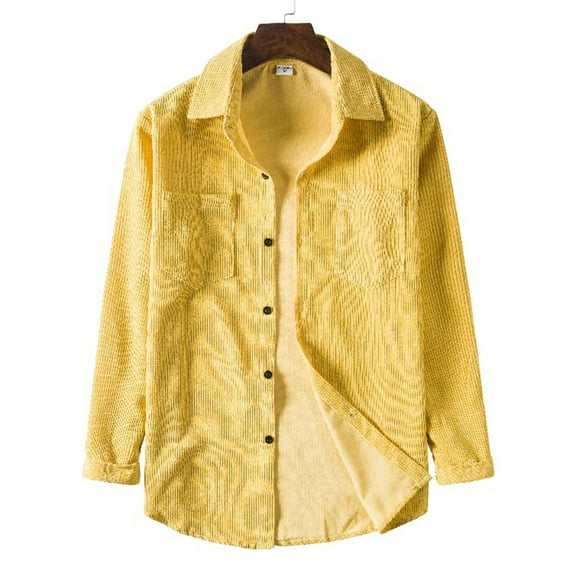 Lightweight Corduroy Button Down Jacket for Men Long Sleeve Ribbed Shirts Button Down Cotton Stretch Jackets Casual Work Shirt(Yellow,XL)