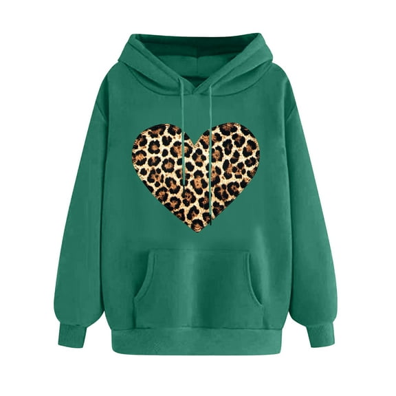 Love Heart Sweatshirt Women Oversized Valentines Day Pullover Cute Leopard Print Print Tops Hooded Fashion Drawstring Sweatshirts(Army Green,M)