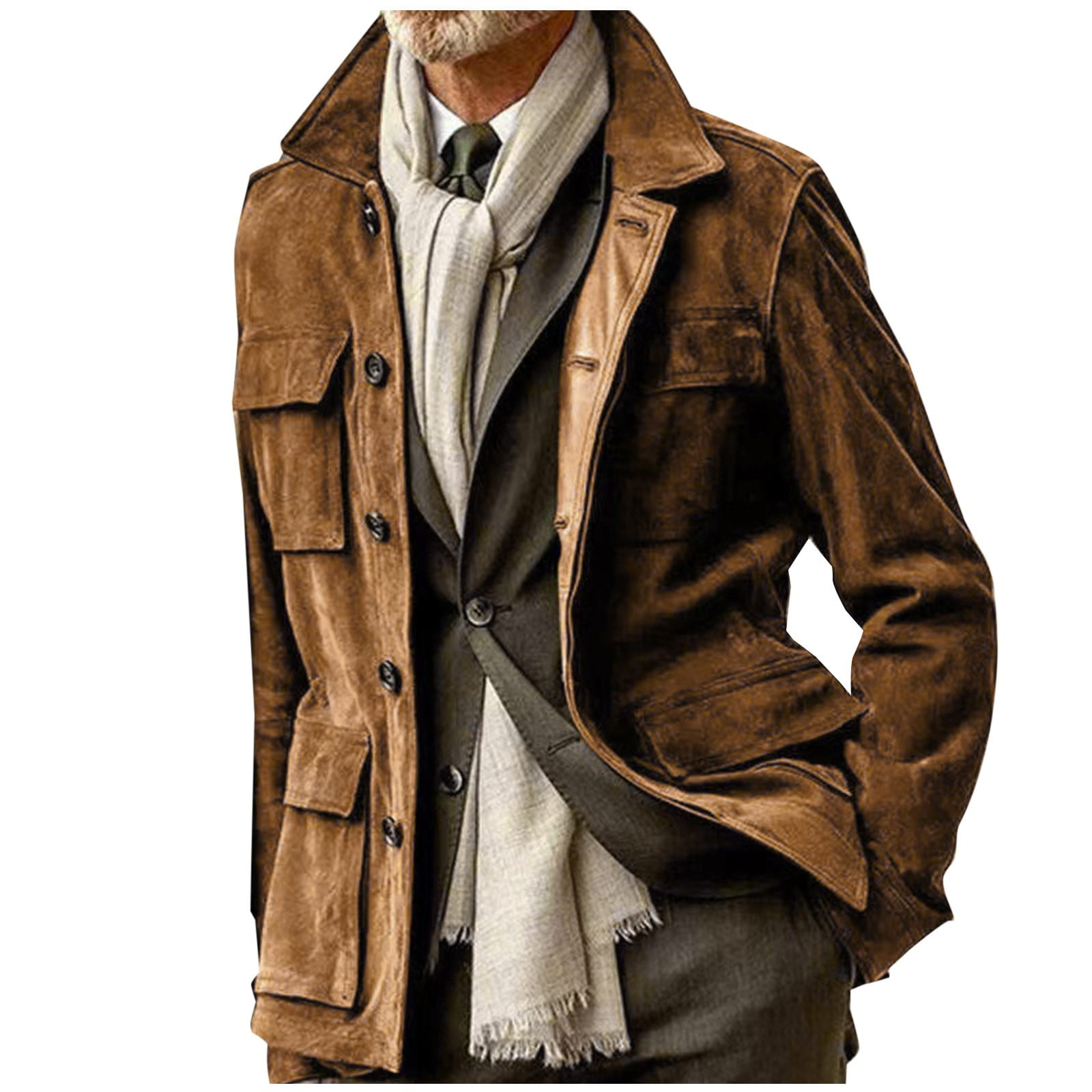 Goodeals Clearance Deals,Men's Vintage Suede Leather Jacket Western Style Cowboy Trucker Coats Button Motorcycle Jacket Coats Retro Tops with Multi-Pockets(Brown,XXXL)