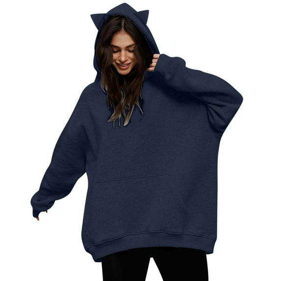 Goodeals Clearance Deals,Sweatshirts for Women Fleece Hoodies with Cat Ear Solid Long Sleeve Crewneck Sweatshirts Trendy Teen Girls Oversized Hooded Tops Shirts(Navy,XL)