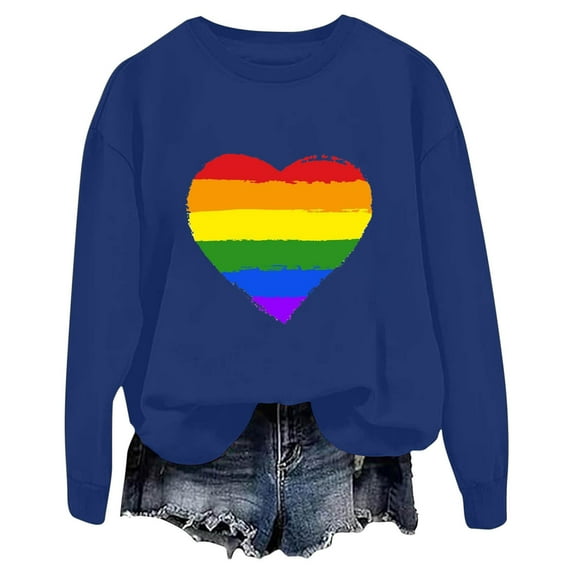 Goodeals Clearance Deals,Sweatshirts for Women Color Block Graphic Pullover Tops Funny Heart Print Shirts Trendy Crewneck Fleece Sweatshirt(Blue,XXL)