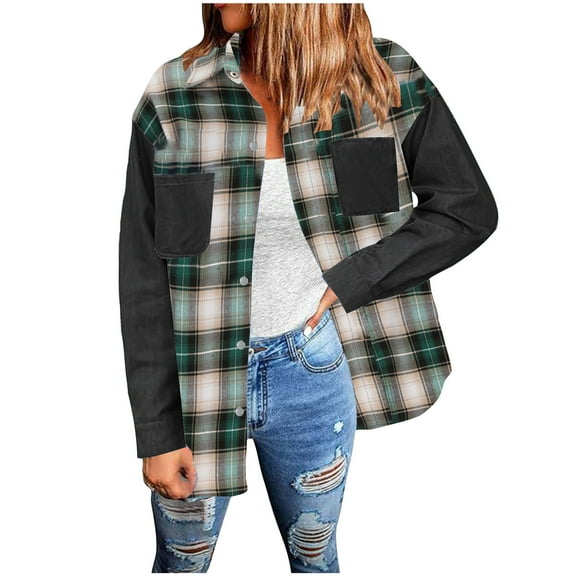 Women's Fashion Plaid Shirts Patchwork Long Sleeve Jackets Casual Button Down Lapel Collar Tunic Tops with Pocket(Black,XL)