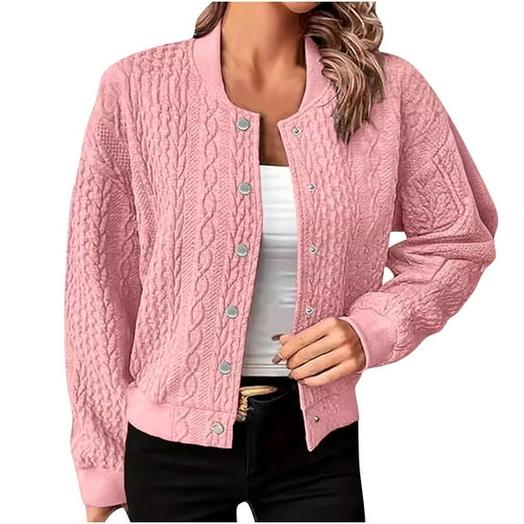 Women's Long Sleeve Jackets Open Front Cable Knit Crop Cardigans Casual Button Knitied Cropped Cardigan Trendy Outerwear(Pink,XL)