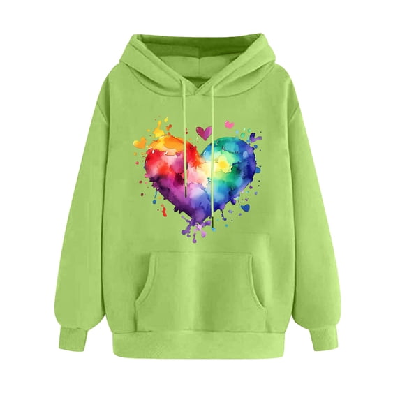 Women's Rainbow Heart Print Hoodies Valentines Tie Dye Graphic Fleece Sweatshirts Cute Holiday Long Sleeve Sweatshirt(Green,M)