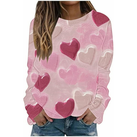 Women's Tops Heart Graphic T Shirt Valentine's Day Tee Shirt Casual Lover Gift Long Sleeve Tops Hugs and Kisses Rainbow Love Shirts(Multicolor,S)