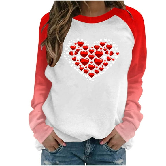Happy Valentine's Day Sweatshirt for Women Casual Drop Shoulder Drop Shoulder Long Sleeve Pullover Tops Cute Heart Graphic Crewneck Shirts(Red,XL)