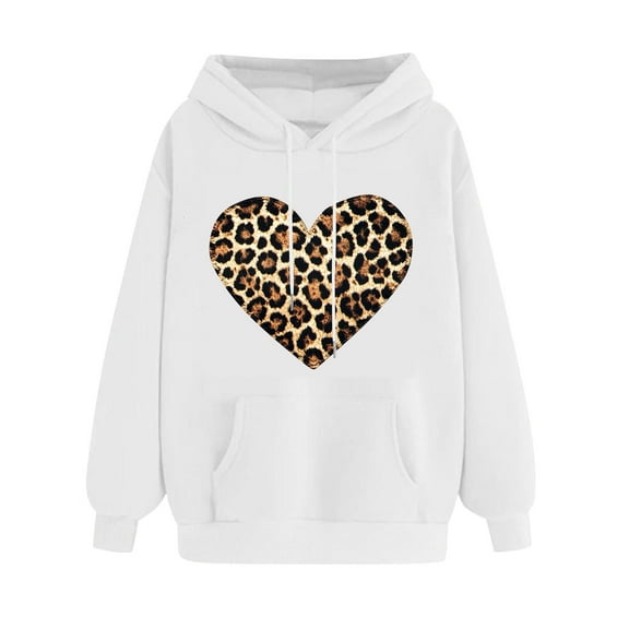 Love Heart Sweatshirt Women Oversized Valentines Day Pullover Cute Leopard Print Print Tops Hooded Fashion Drawstring Sweatshirts(White,S)