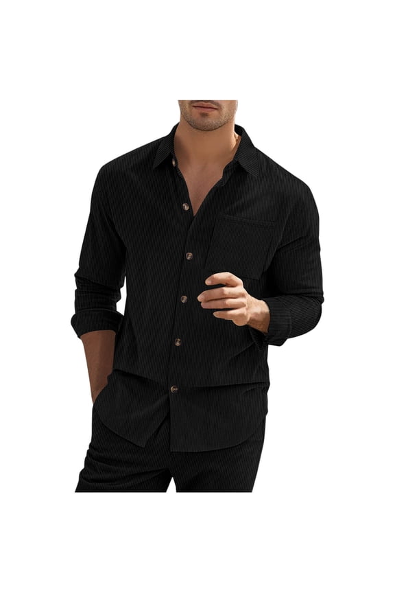 Clearance,Plain Corduroy Shirt Men Lightweight Long Sleeve Textured Jackets Casual Button Down Jacket Shacket(Black,XXXL)