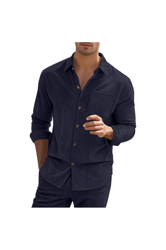 Clearance,Plain Corduroy Shirt Men Lightweight Long Sleeve Textured Jackets Casual Button Down Jacket Shacket(Navy,L)