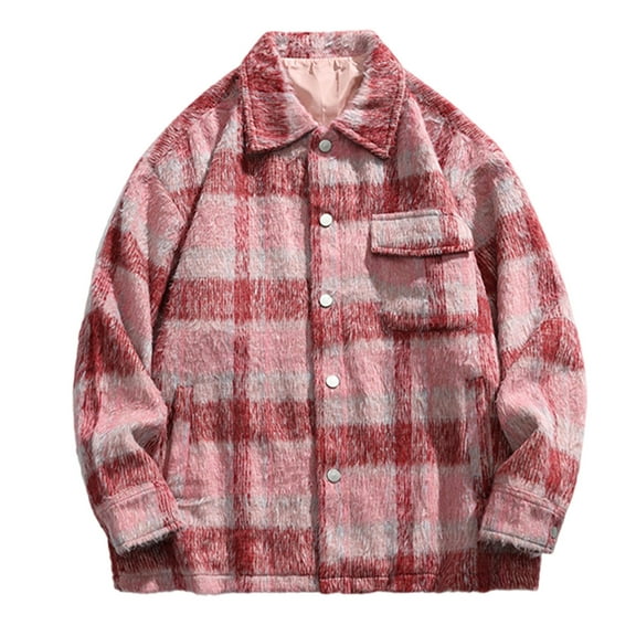 Goodeals Clearance Sale,Men's Plaid Wool Blend Jacket Casual Warm Long Sleeve Shirts Relaxed Fit Button Up Shacket Shirt with Pocket(Pink,L)