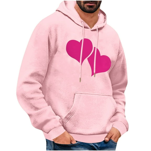 Men's Pullover Fleece Hoodie Love Heart Printed Sweatshirts Aesthetic Design Streetwear Sweatshirt Casual Long Sleeve Teen Boys Hooded(Pink,S)