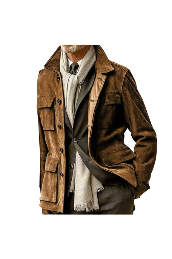 Clearance Sale,Men's Vintage Suede Leather Jacket Western Style Cowboy Trucker Coats Button Motorcycle Jacket Coats Retro Tops with Multi-Pockets(Brown,L)