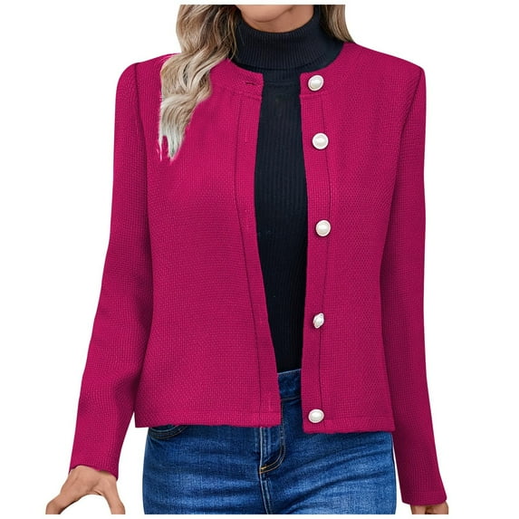 Goodeals Clearance Sale,Women Elegant Dressy Jacket Cropped Tweed Blazer Jackets Collarless Business Casual Outfits Fall Jackets for Women(Red,L)