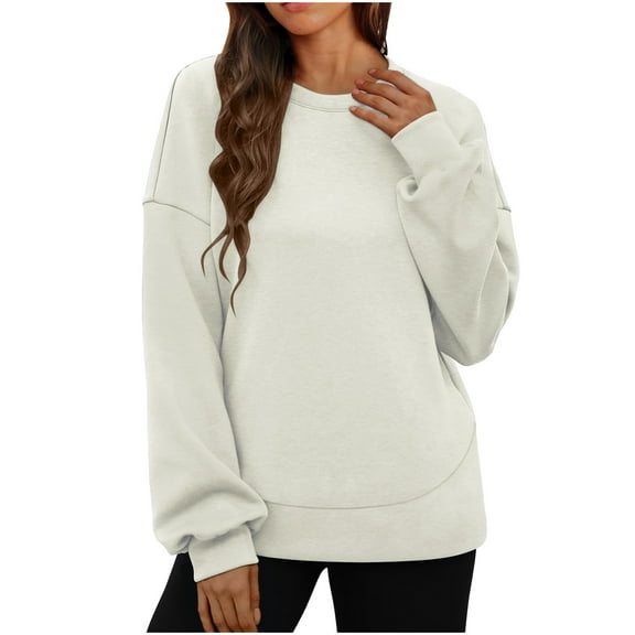 Women's Crewneck Sweatshirt Long Sleeve Seam Hem Tunic Tops Trendy Crew Neck Pullober Shirts Soft Loose Fit Outfits(White,S)