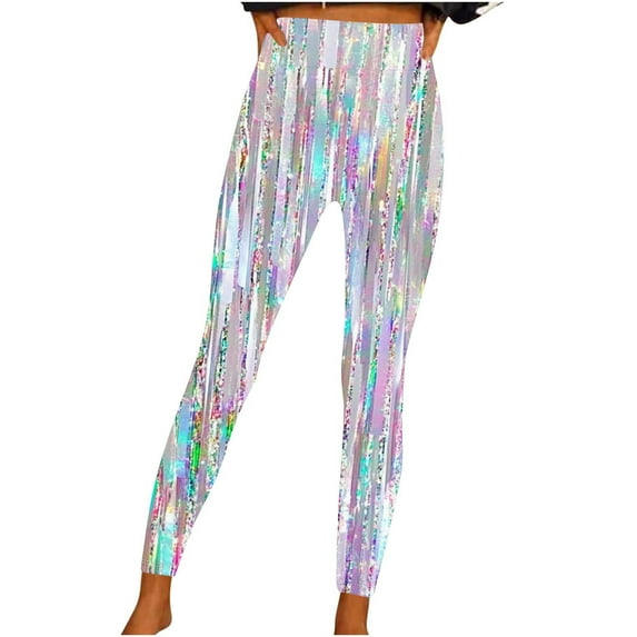Goodeals Clearance Sale,Women's High Waisted Glitter Leggings Sparkle Sequin Print Running Yoga Workout Pants Slim Tummy Control Printed Pants for Running Cycling(Multicolor,XXL)