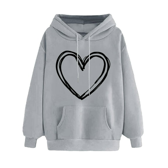 Goodeals Clearance Sale,Womens Heart Print Hoodies Trendy Long Sleeve Love Graphic Sweatshirt Oversized Loose Casual Cute Pullover Top Teen Girls Trendy Shirts with Pocket(Gray,XL)