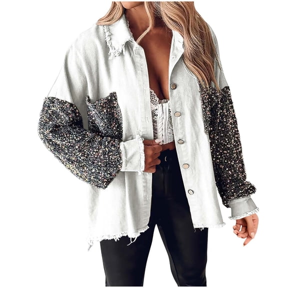 Womens Jacket Denim Sequin Patchwork Long Sleeve Jacket Shirts Oversized Button Up Frayed Hem Jean Shacket Spring Fall Outfits(White,L)