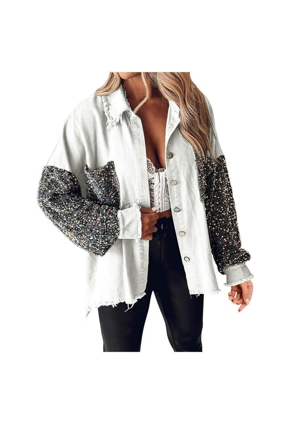 Womens Jacket Denim Sequin Patchwork Long Sleeve Jacket Shirts Oversized Button Up Frayed Hem Jean Shacket Spring Fall Outfits(White,L)