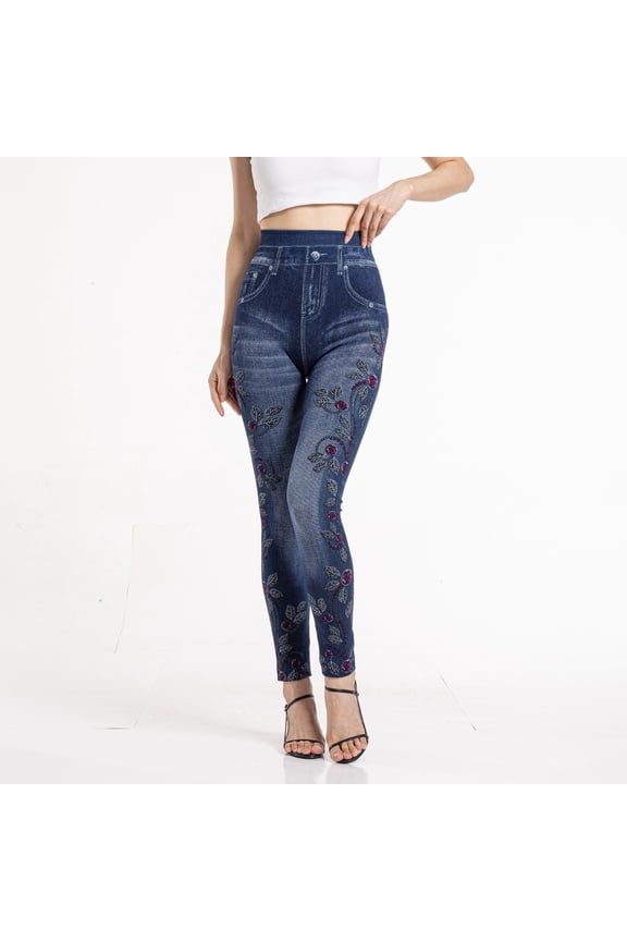 Clearance Sale,Womens Jeans Stretchy Skinny High Waisted Yoga Pants Butt Lift Stretch Floral Print Denim Trousers Slim Fit Vintage Pant(Blue,L)