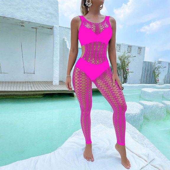 Goodeals Clearance Sale,Womens One Piece Fishnet Bodysuit Sexy Stretch Footless Bodystocking Summer Hollow Breathable Lingerie(Hot Pink,Free Size)