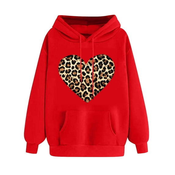 Love Heart Sweatshirt Women Oversized Valentines Day Pullover Cute Leopard Print Print Tops Hooded Fashion Drawstring Sweatshirts(Red,XL)