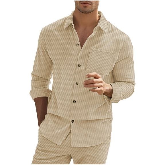 Goodeals Clearance Sales,Plain Corduroy Shirt Men Lightweight Long Sleeve Textured Jackets Casual Button Down Jacket Shacket(Khaki,S)