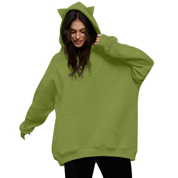 Goodeals Clearance,Sweatshirts for Women Fleece Hoodies with Cat Ear Solid Long Sleeve Crewneck Sweatshirts Trendy Teen Girls Oversized Hooded Tops Shirts(Army Green,XL)