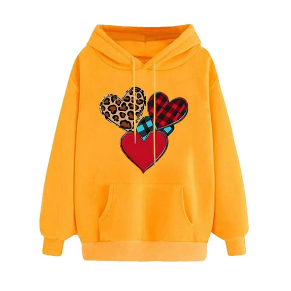 Goodeals Clearance,Women's Leopard Heart Print Hooded Valentine's Long Sleeve Pullover Tops Oversized Love Plaid Sweatshirt Teacher Shirt(Yellow,L)