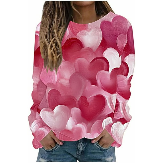 Women's Tops Heart Graphic T Shirt Valentine's Day Tee Shirt Casual Lover Gift Long Sleeve Tops Hugs and Kisses Rainbow Love Shirts(Multicolor,XXXXL)