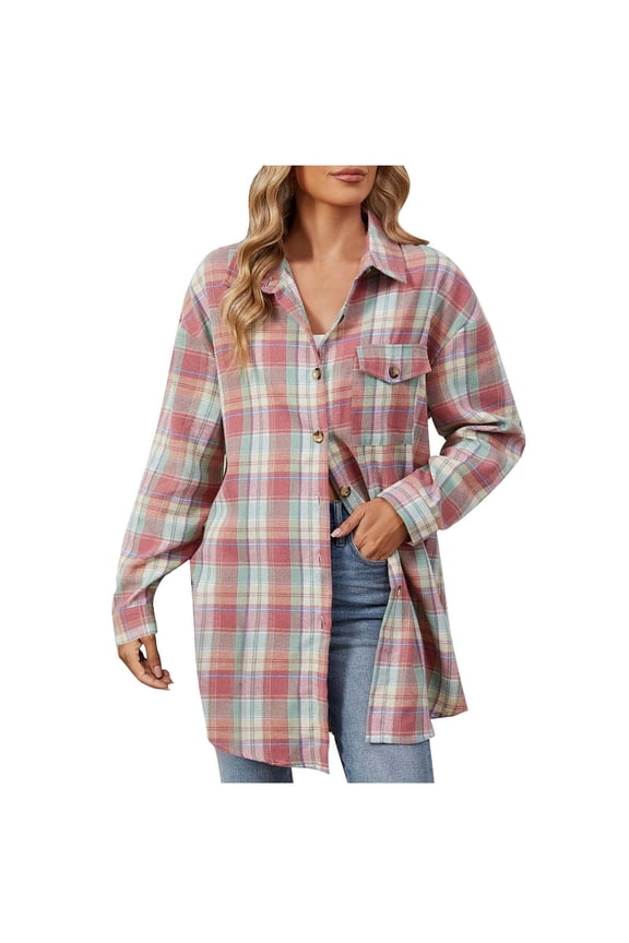 Womens Flannel Shacket Casual Plaid Shackets Button Down Long Sleeve Jacket Coats Shirts Fall Winter Outfits(Pink,S)
