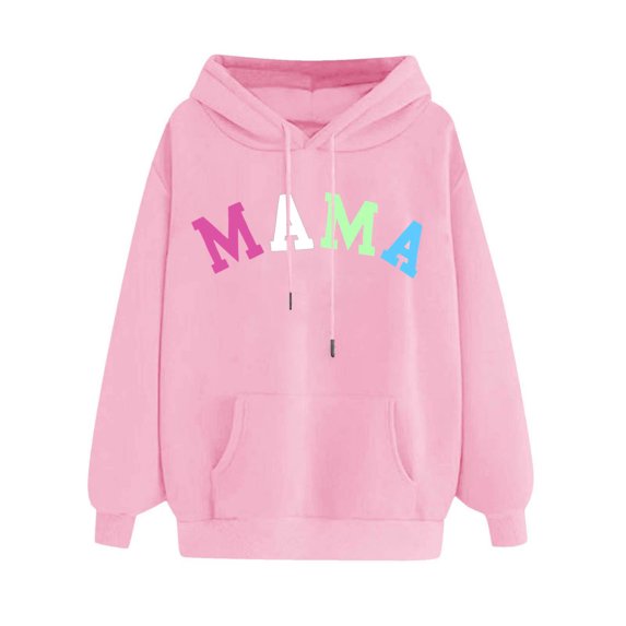 Goodeals Colorful Mama Letter Print Hoodies 2025 Casual Long Sleeve Pullover Tops Crewneck Loose Mama Sweatshirt,Gift for Mama on Birthday Valentines Mother Day(Pink,XL)