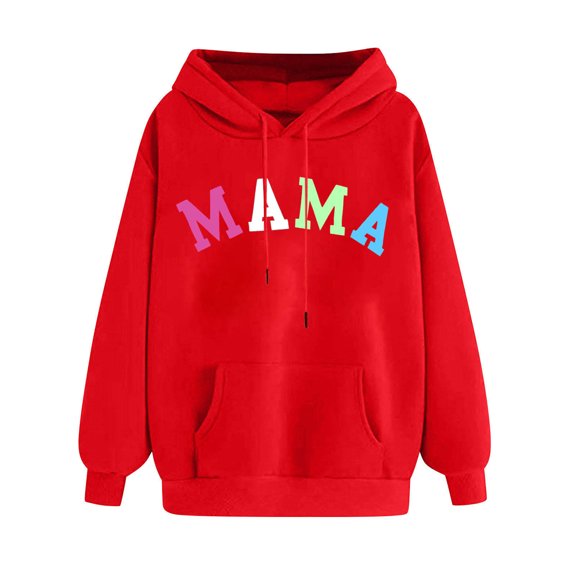 Goodeals Colorful Mama Letter Print Hoodies 2025 Casual Long Sleeve Pullover Tops Crewneck Loose Mama Sweatshirt,Gift for Mama on Birthday Valentines Mother Day(Red,XL)