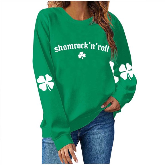 Goodeals Cute Sweatshirts Women St Patricks Day T Shirts Shamrock Graphic Shirts Funny Love Letter Print Pullover Tops Fashion Loose Sweatshirt(Green,L)