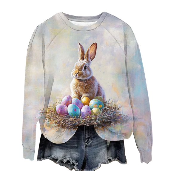 Goodeals Easter Sweatshirt for Women Cute Bow Bunny Printed Shirts Casual Crewneck Sweatshirt Loose Tops Swiss Dot Long Sleeve Fashion Pullover Outfits(Purple,XL)