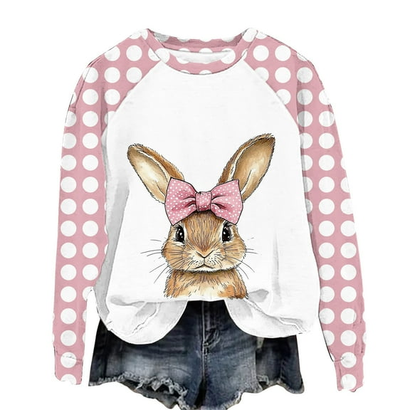 Goodeals Easter Sweatshirt for Women Cute Bow Bunny Printed Shirts Casual Crewneck Sweatshirt Loose Tops Swiss Dot Long Sleeve Fashion Pullover Outfits(Purple,L)