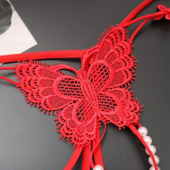 Goodeals Fashion Thongs for Women Sexy Underwear Cutout Pearl Beads Embellished Lace Butterfly G-String Thong Underpants(Red,One Size)Saving