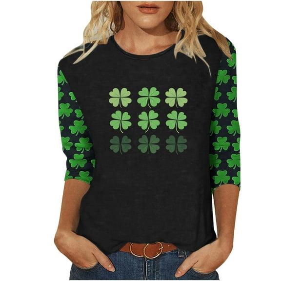 Goodeals Fashion Tshirts for Women St Patricks Day Shirt Lucky Shamrock Graphic 3/4 Sleeve Tops Loose Fit Crewneck Blouses Tunics(Black,L)
