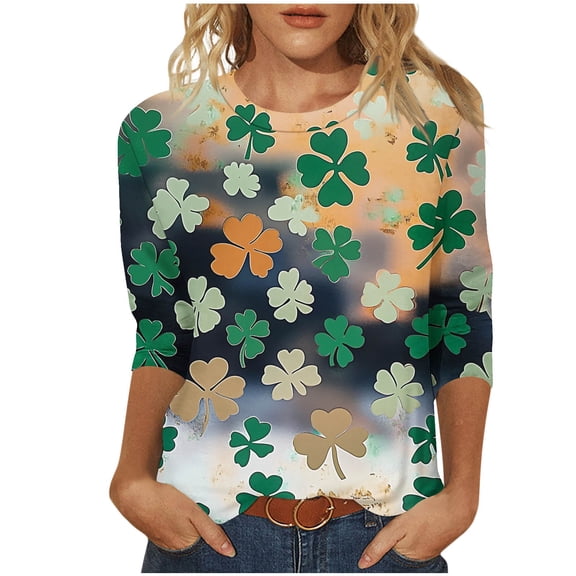 Goodeals Flare 3/4 Sleeve Shirts for Women St Patricks Day Tunic Tops Lucky Irish Shamrock Graphic Tees Tops Loose Button Crewneck Shirt Flowy Curve Hem Top(Green,S)