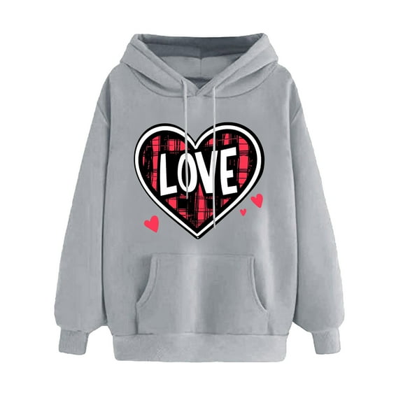 Cute Love Heart Printed Hoodies for Women Oversized Plaid Fleece Sweatshirts Valentines Day Sweatshirt for Her Valentine Pullover Long Sleeve Tops(Gray,S)
