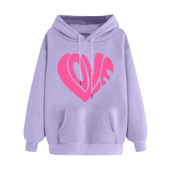 Goodeals Flash Deals,Hoodies for Women Casual Fleece Sweatshirts Cute Love Heart Print Long Sleeve Pullover with Pocket(Purple,M)