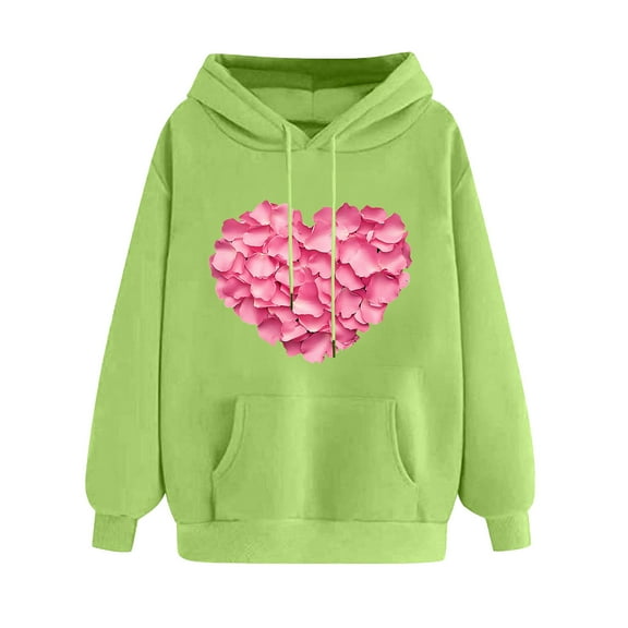 Petal Heart Printed Hoodies for Women Valentine's Day Sweatshirts Oversized Love Heart Shirt Pullover Shirts for Her(Green,L)