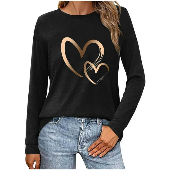 Womens Heart Printed Long Sleeve Tops Tee Shirts Casual Crewneck Gift Shirts for Her(Black,L)