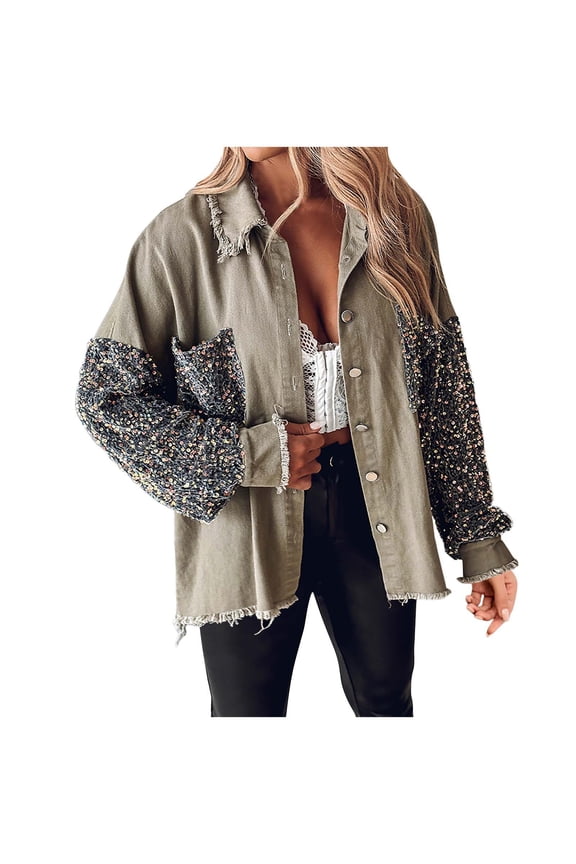 Womens Jacket Denim Sequin Patchwork Long Sleeve Jacket Shirts Oversized Button Up Frayed Hem Jean Shacket Spring Fall Outfits(Coffee,XXL)